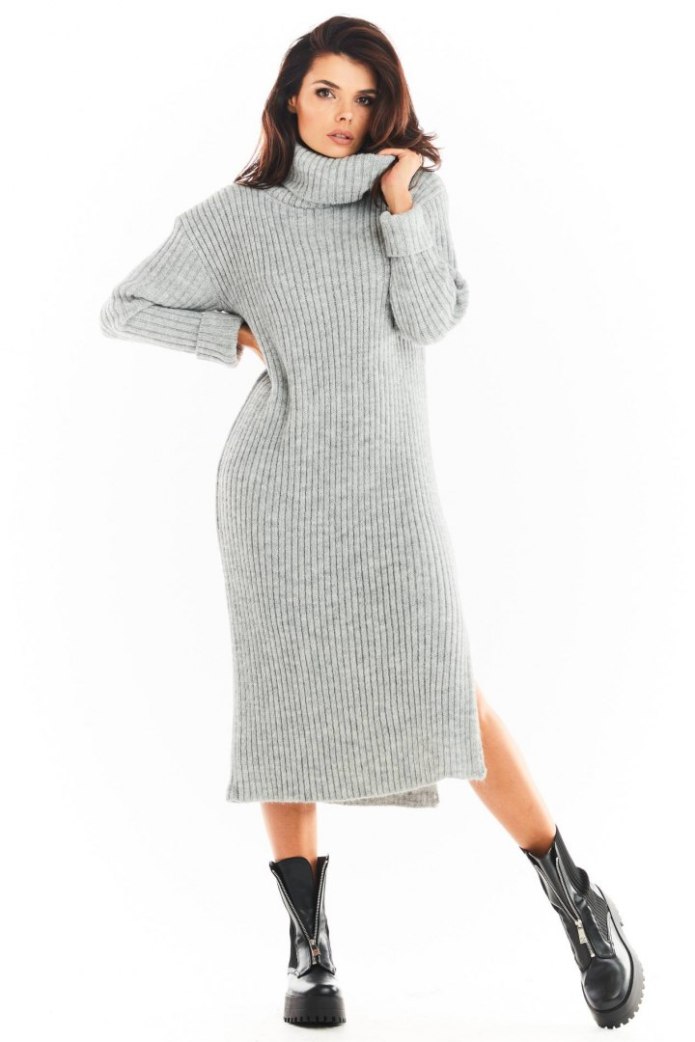 Sukienka Swetrowa Midi Z Golfem I Długim Rękawem - szara
